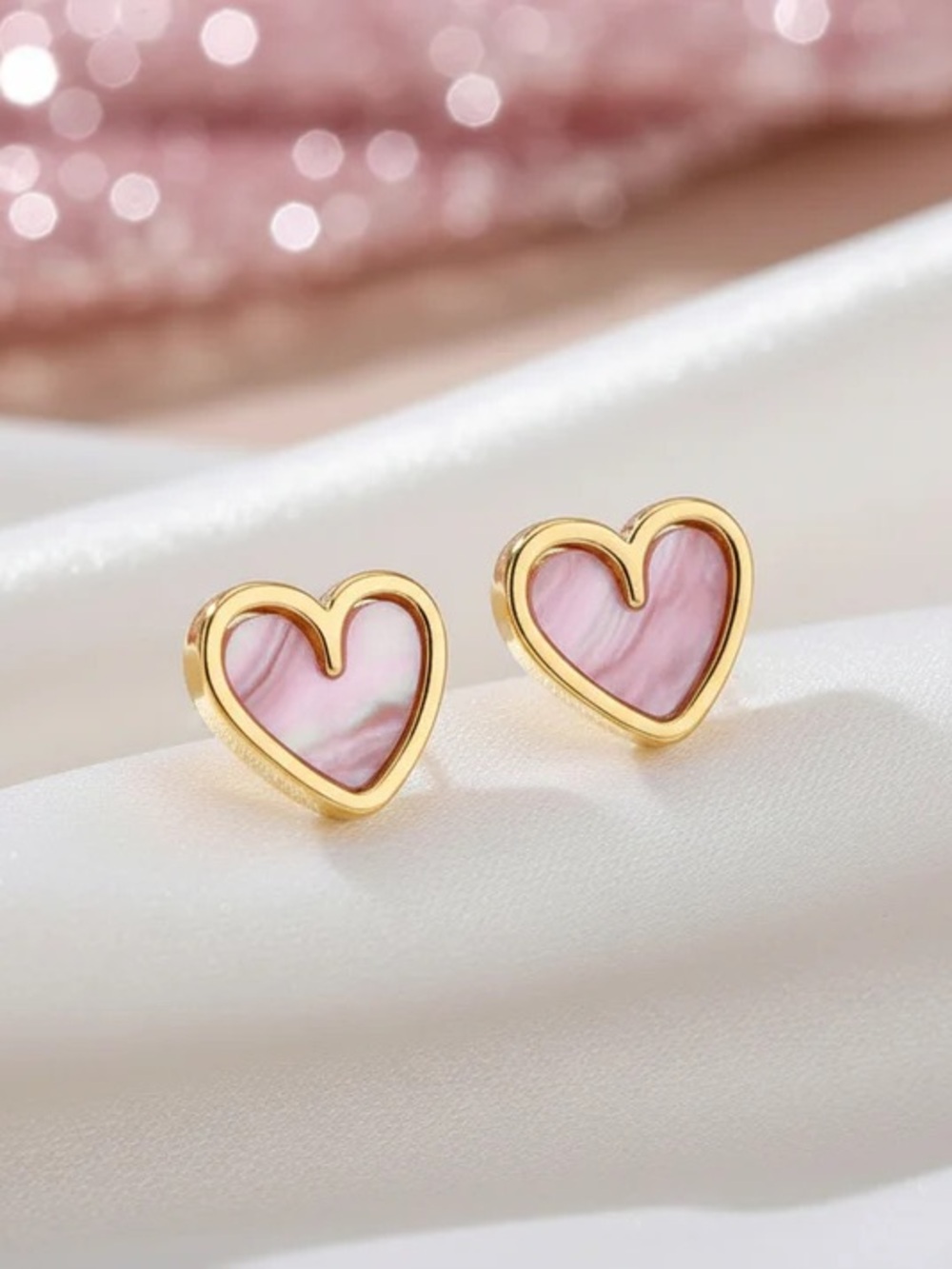 Gold Heart Pink Enamel Stud Earrings